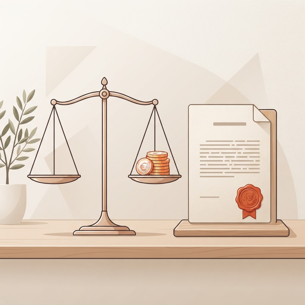 Illustration einer Justizwaage mit Euromünzen und einem gesiegelten Dokument